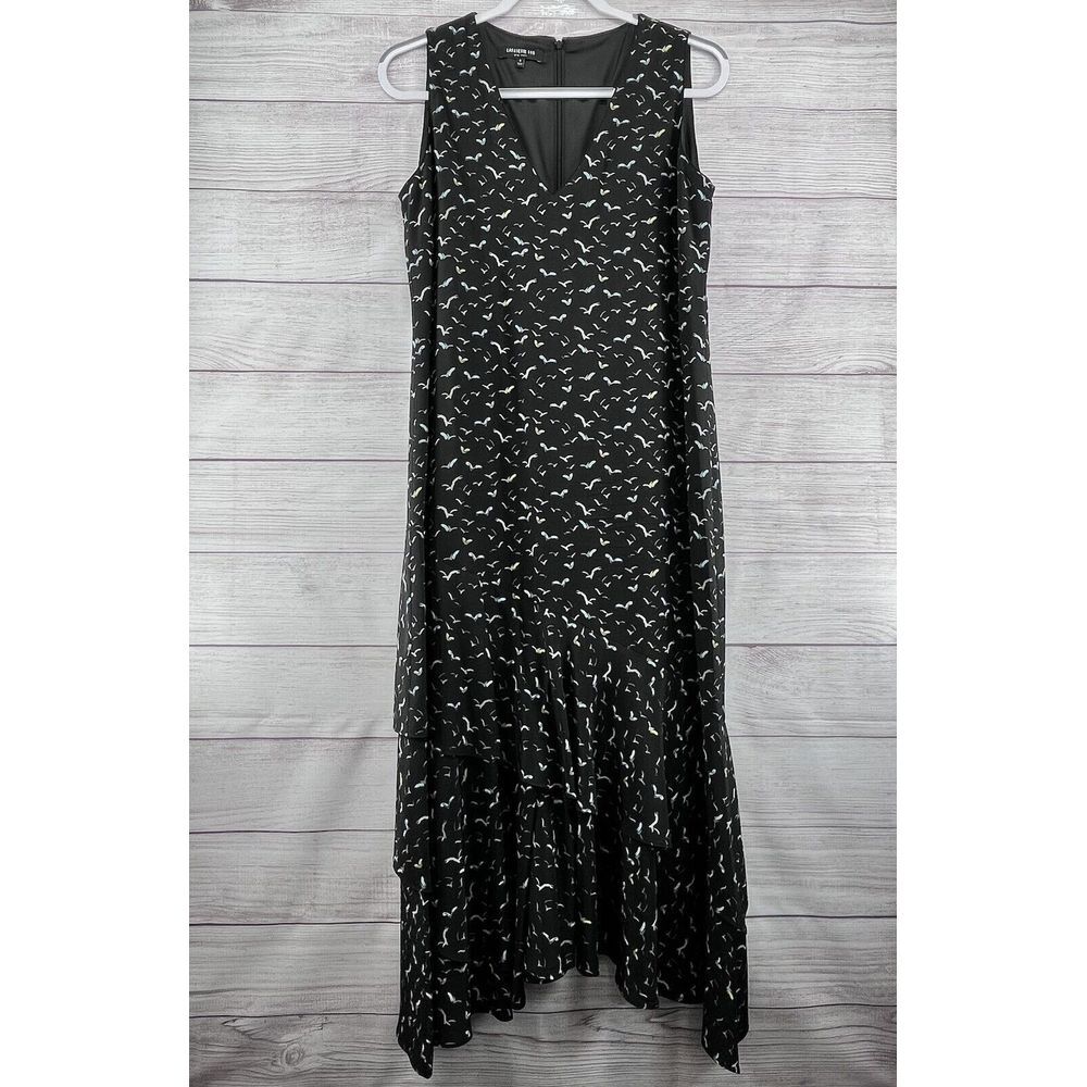 LAFAYETTE 148 NY Asymmetric Silk Long Maxi Dress Sleeveless Birds Pattern Sz S